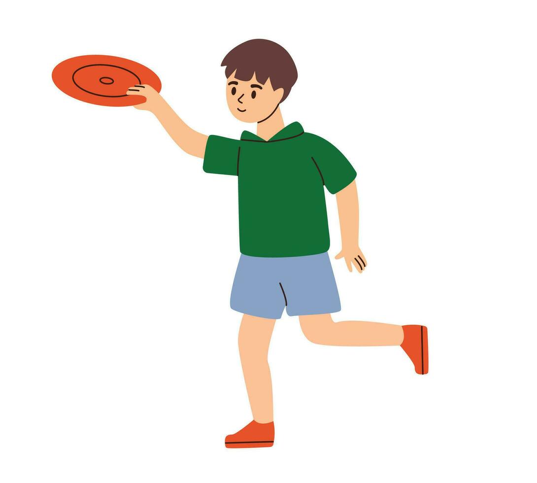 pojke lanserar flygande fat. utanför barn aktiviteter och spel, sommar utomhus- tidsfördriv. platt vektor illustration.