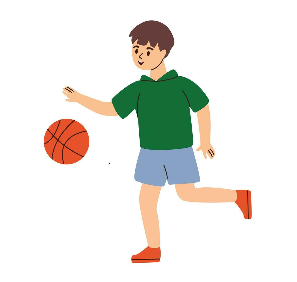 Junge spielen mit Ball. draußen Kinder Aktivitäten und Spiele, Sommer- draussen Zeitvertreib. eben Vektor Illustration.