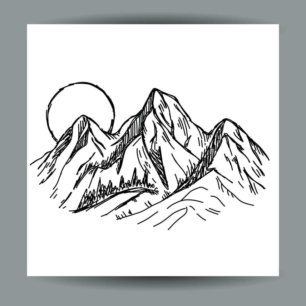 Berg Aussicht Illustration Design Vorlage, mit ein schwarz Gliederung Hand gezeichnet Stil vektor