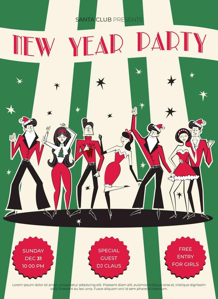 Nacht Verein retro Neu Jahr Party Einladung. 60er Jahre - - 70er Jahre Disko Stil Weihnachten Poster. Vektor Illustration mit Tanzen Menschen im rot Weihnachten Kleidung.
