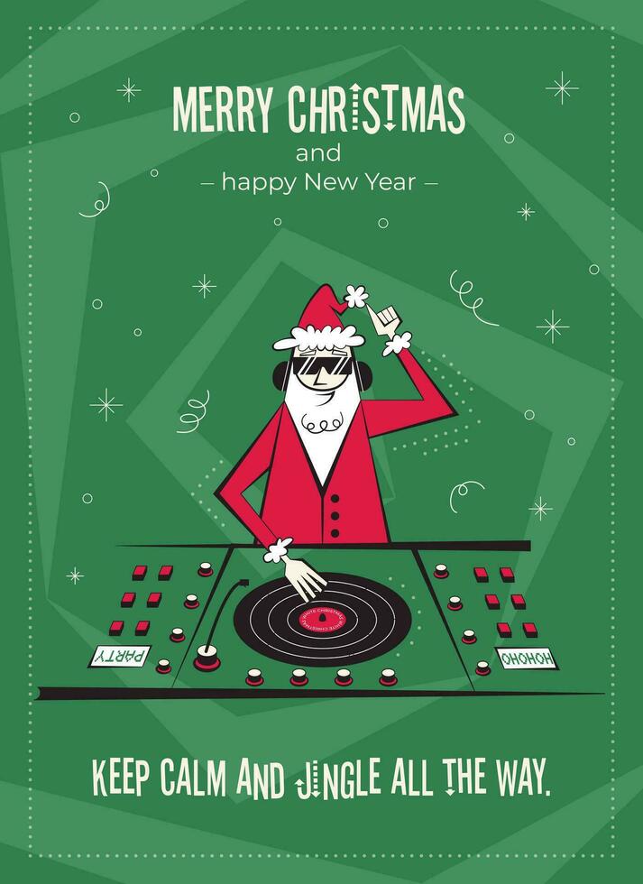 glad jul och Lycklig ny år hälsning kort. 60-70-tal retro stil affisch med jul lyckönskningar text. dj santa claus karaktär vektor illustration.