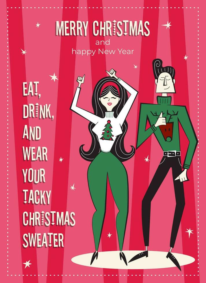 glad jul och Lycklig ny år hälsning kort. 60-70-tal retro stil affisch med jul lyckönskningar text. kvinna och man par tecken dans i ful tröjor. vektor