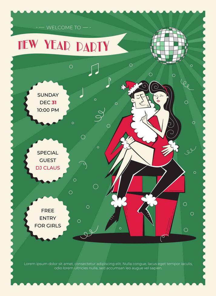 Nacht Verein retro Neu Jahr Party Einladung. 60er Jahre - - 70er Jahre Stil Neu Jahr Poster mit Paar. Weihnachten Vektor Illustration mit Frau im rot Kleid und Santa Klaus.