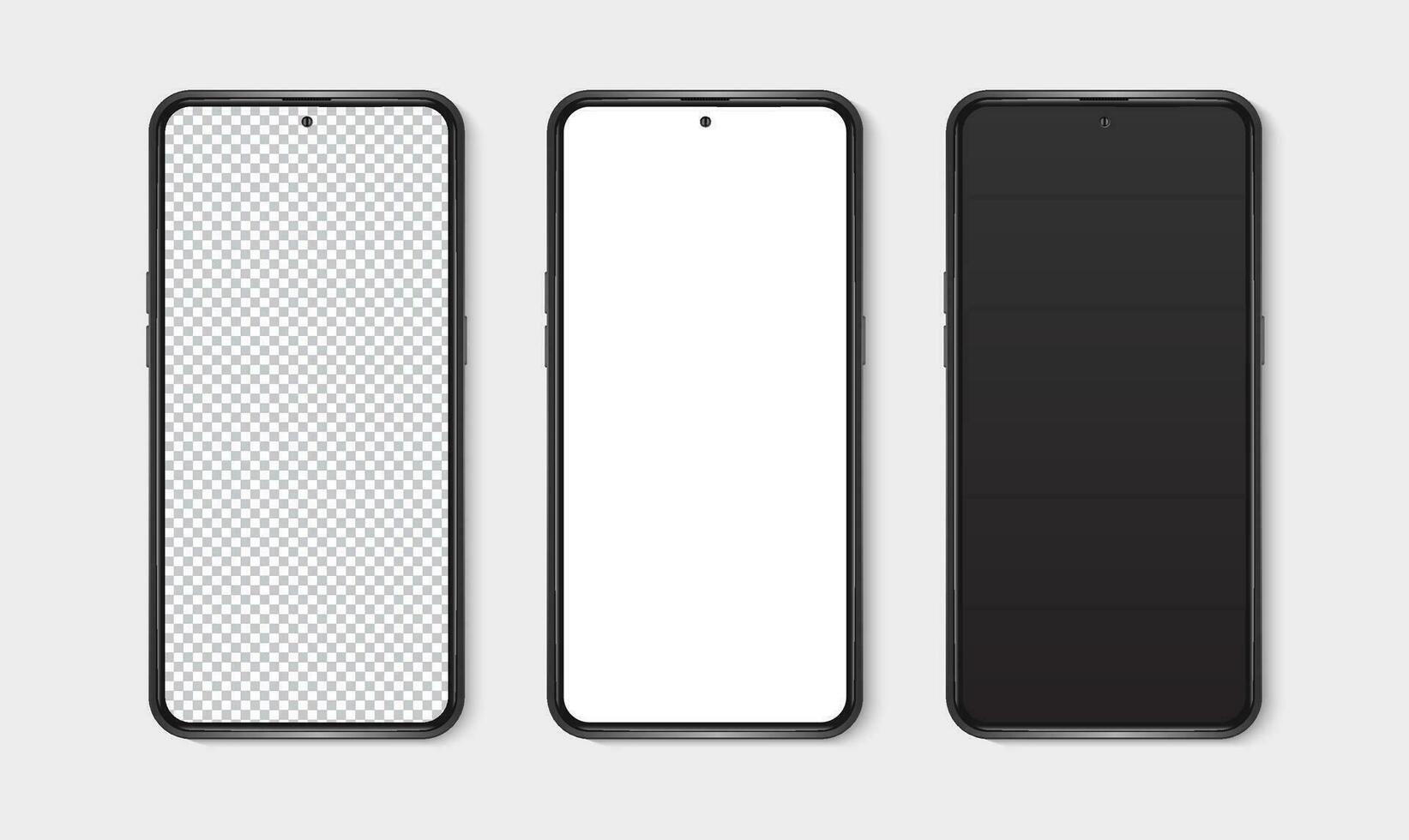 realistisch Smartphone Attrappe, Lehrmodell, Simulation Satz. Handy, Mobiltelefon Telefon leer, Weiss, transparent Bildschirm Design spotten hoch. isoliert Vektor Illustration