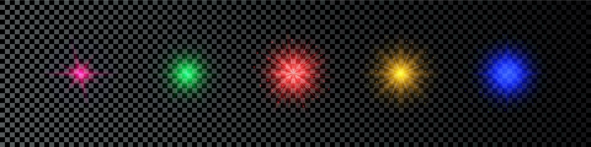 ljus effekt av lins bloss. uppsättning av fem Flerfärgad lysande lampor starburst effekter med pärlar på en mörk transparent bakgrund. vektor illustration