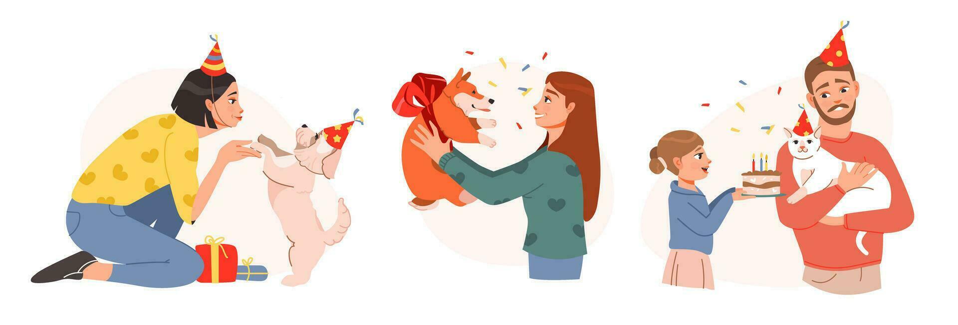 Haustier Geburtstag Party. glücklich Haustier Besitzer im festlich Kappen und Geschenke feiern das Geburtstag von ihr Haustier. eben Vektor Illustration