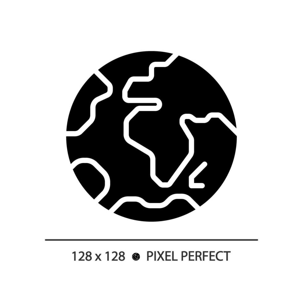 Erde Planet Pixel perfekt schwarz Glyphe Symbol. Umwelt Wissenschaft. natürlich Ressourcen. Klima ändern. Welt Reise. Silhouette Symbol auf Weiß Raum. solide Piktogramm. Vektor isoliert Illustration