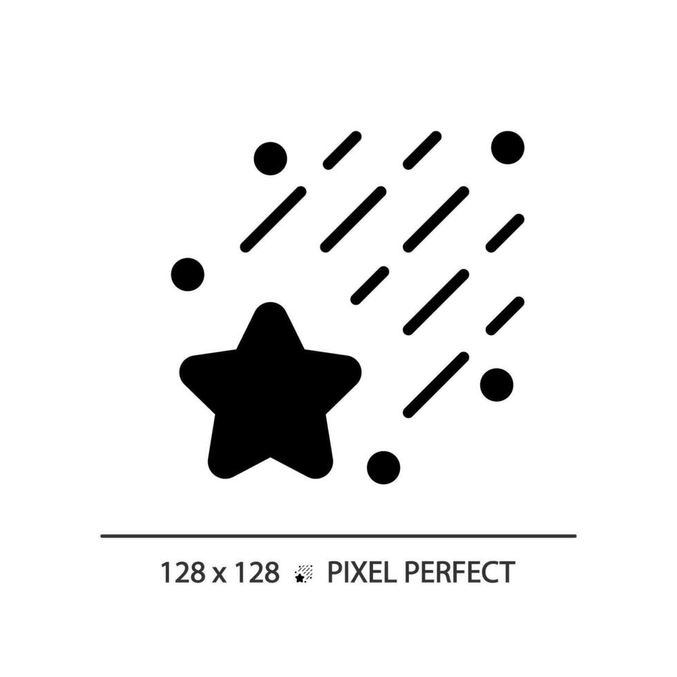 fallen Star Pixel perfekt schwarz Glyphe Symbol. Meteor Dusche. machen ein Wunsch. Nacht Himmel. himmlisch Körper. Raum Trümmer. Silhouette Symbol auf Weiß Raum. solide Piktogramm. Vektor isoliert Illustration