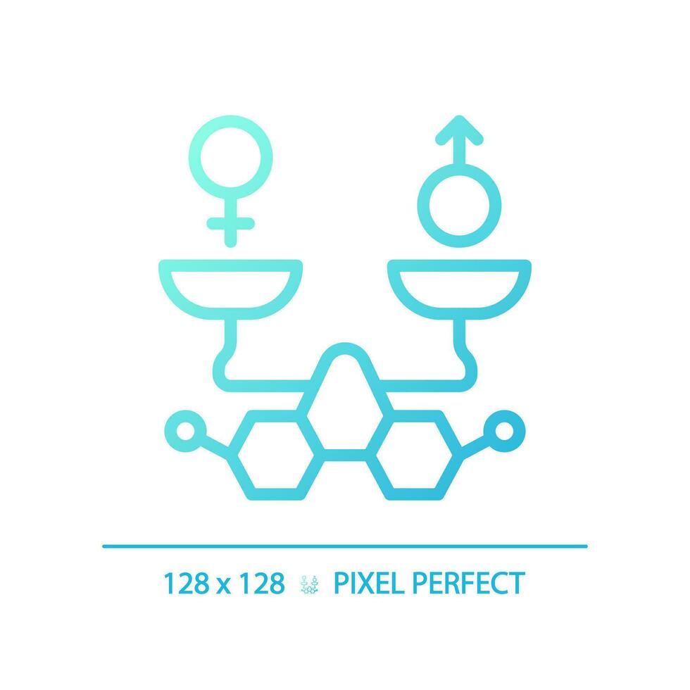 2d pixel perfekt lutning molekyler med manlig och kvinna balans ikon, isolerat blå vektor, tunn linje illustration representerar metabolisk hälsa. vektor