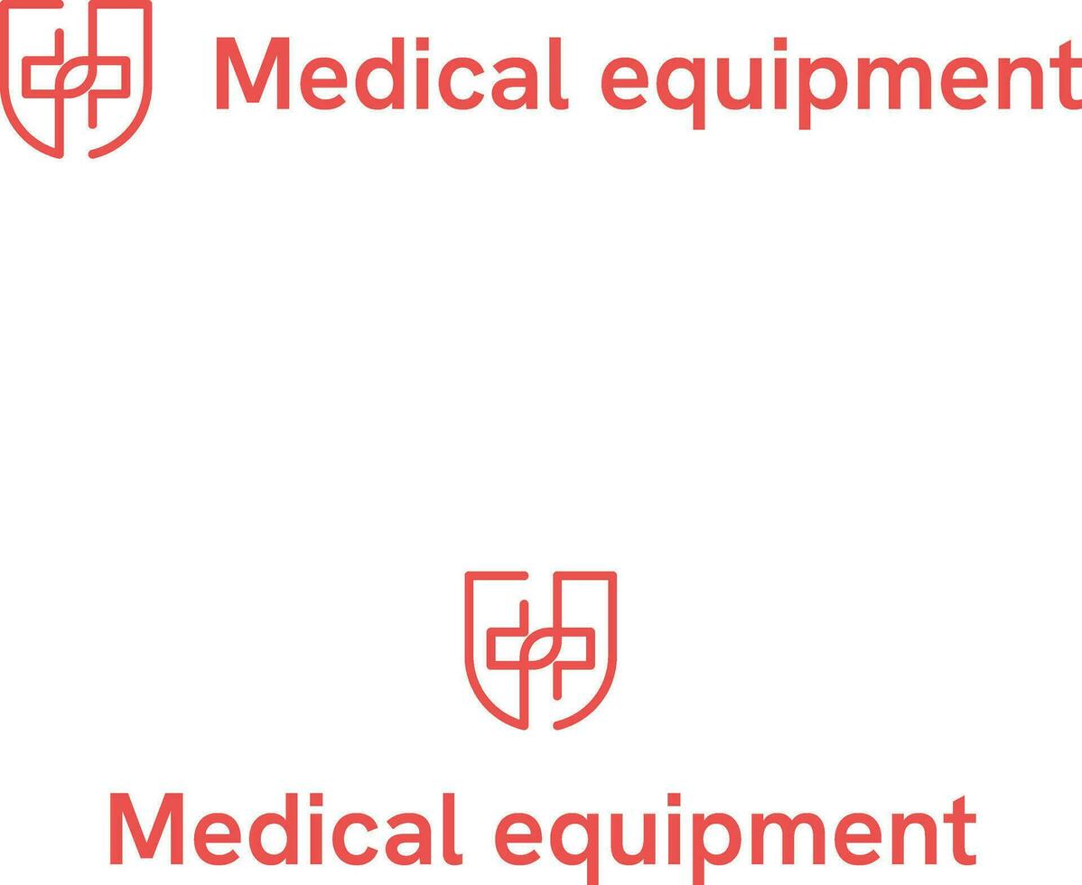 medizinisch Ausrüstung Geschäft Logo mit Marke Name. Schild und medizinisch Kreuz Symbol. kreativ Design Element. visuell Identität. geeignet zum medizinisch, Labor, Gesundheitspflege. vektor