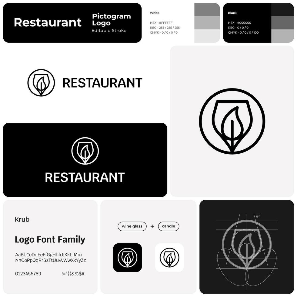 restaurang svartvit linje företag logotyp med varumärke namn. vinglas och ljus ikon. kreativ design element och visuell identitet. mall med krub font. lämplig för bar, restaurang. vektor
