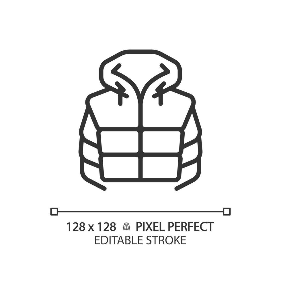 2d Pixel perfekt schwarz gepolstert Jacke Symbol, isoliert Vektor, editierbar Wandern Ausrüstung dünn Linie Illustration. vektor