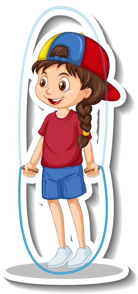 Zeichentrickfigur-Aufkleber mit einem Mädchen, das Seil springt vektor