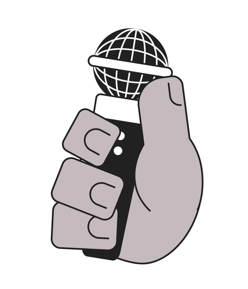 Mikrofon halten Karikatur Hand Gliederung Illustration. Karaoke Party 2d isoliert schwarz und Weiß Vektor Bild. Singen, Rede. Unterhaltung Leben Veranstaltung Audio- eben monochromatisch Zeichnung Clip Kunst