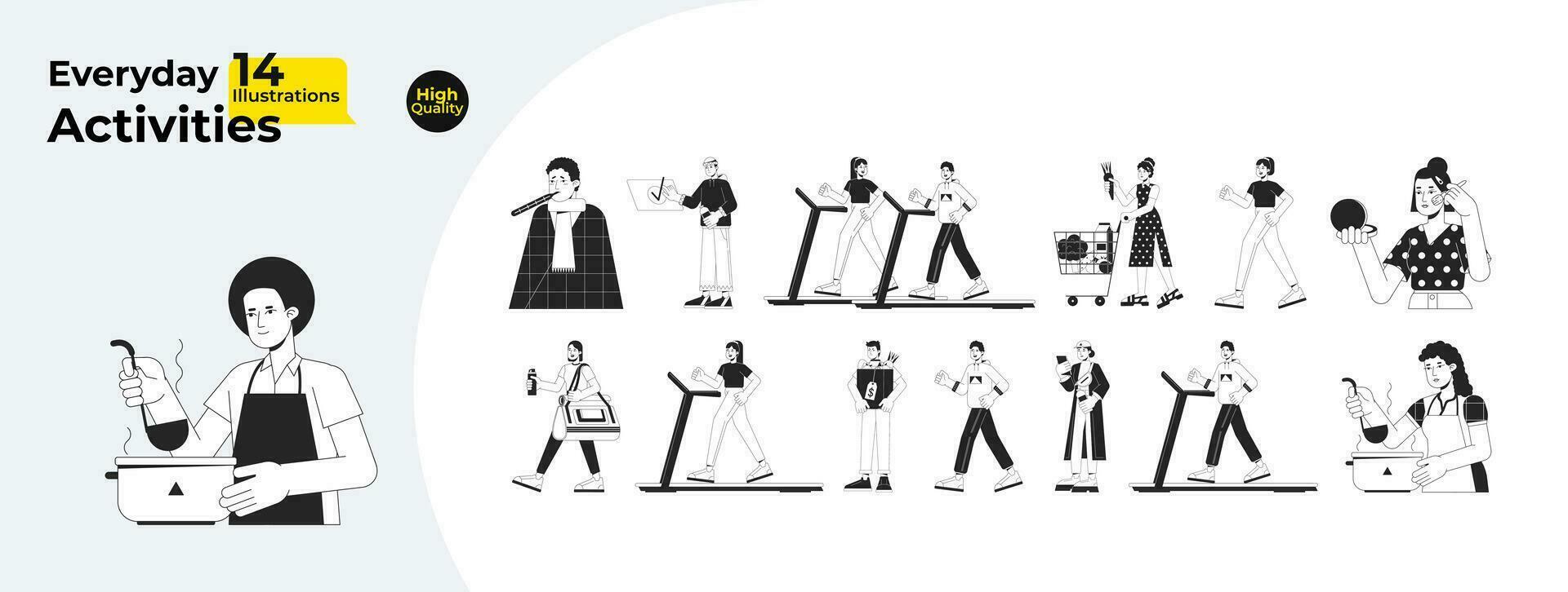 dagligen rutin- svart och vit tecknad serie platt illustration bunt. kaukasiska, asiatisk vuxna 2d linjekonst tecken isolerat. tid för själv, handla, matlagning svartvit vektor översikt bild samling