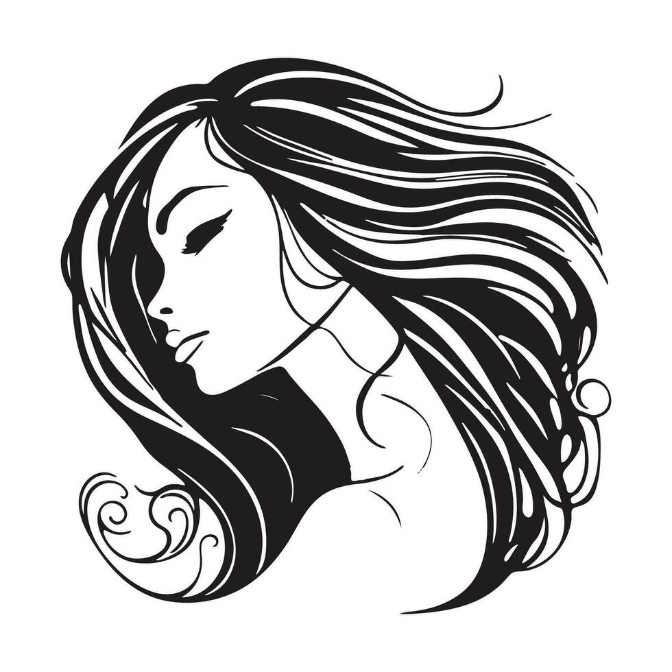silhuett av en kvinna med lång strömmande hår, med isolerat bakgrund. vektor