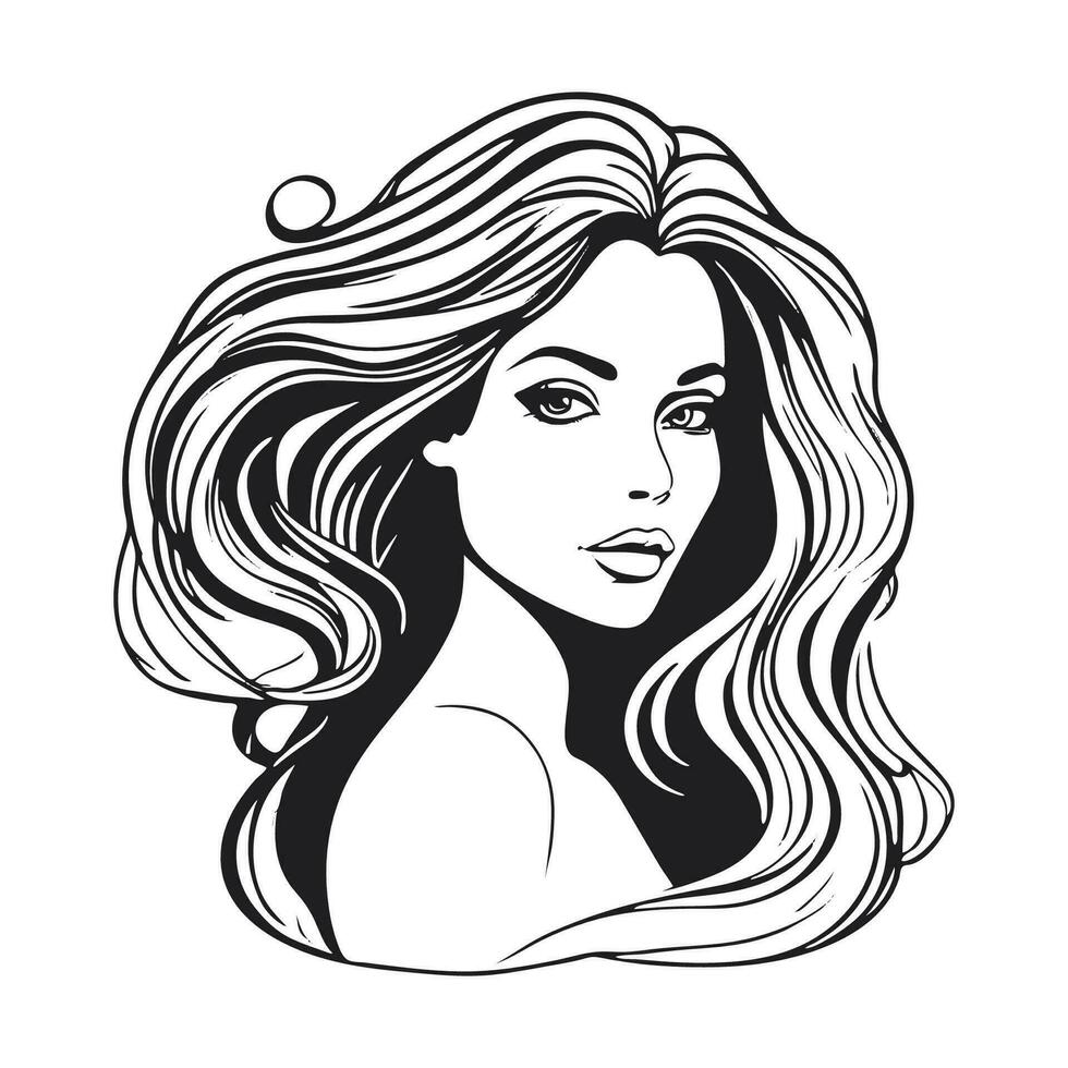 silhuett av en kvinna med lång strömmande hår, med isolerat bakgrund. vektor