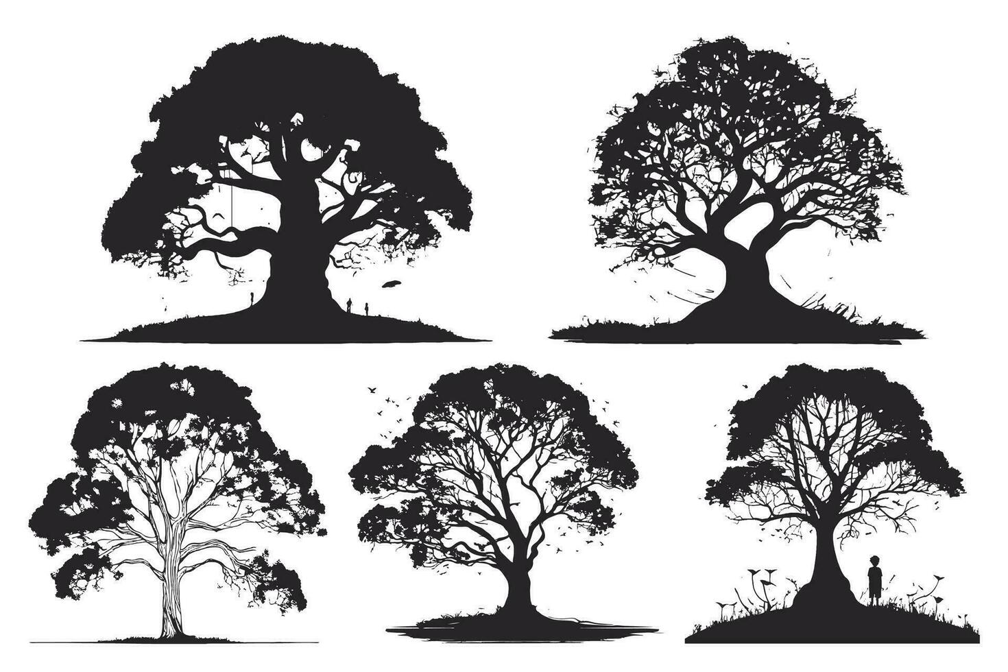 Sammlung von groß Baum Silhouetten im Sommer- auf isoliert Weiß Hintergrund vektor