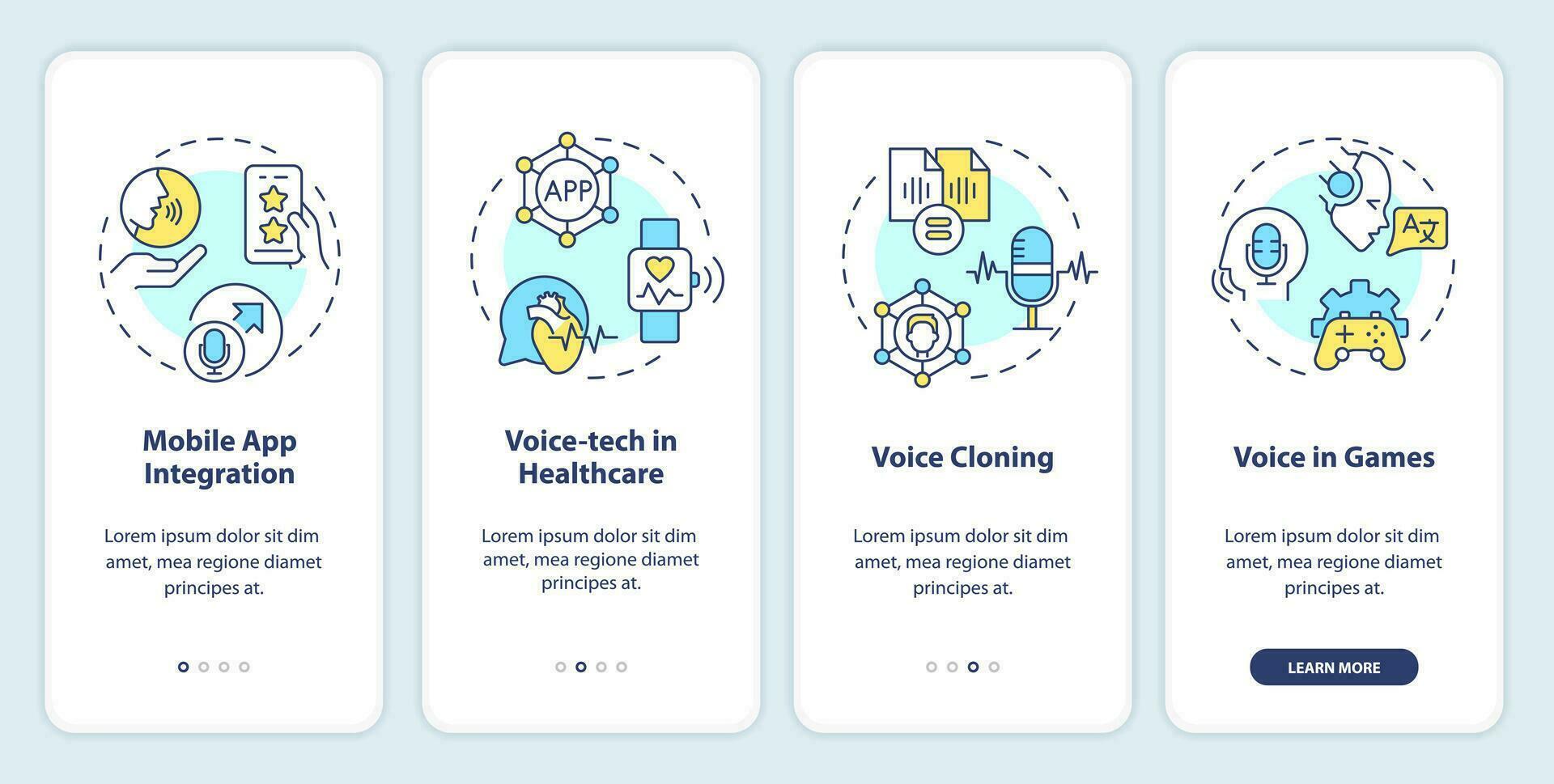 2d Symbole Darstellen Stimme Assistent Handy, Mobiltelefon App Bildschirm Satz. Komplettlösung 4 Schritte Mehrfarbig Grafik Anleitung mit dünn Linie Symbole Konzept, ui, ux, gui Vorlage. vektor