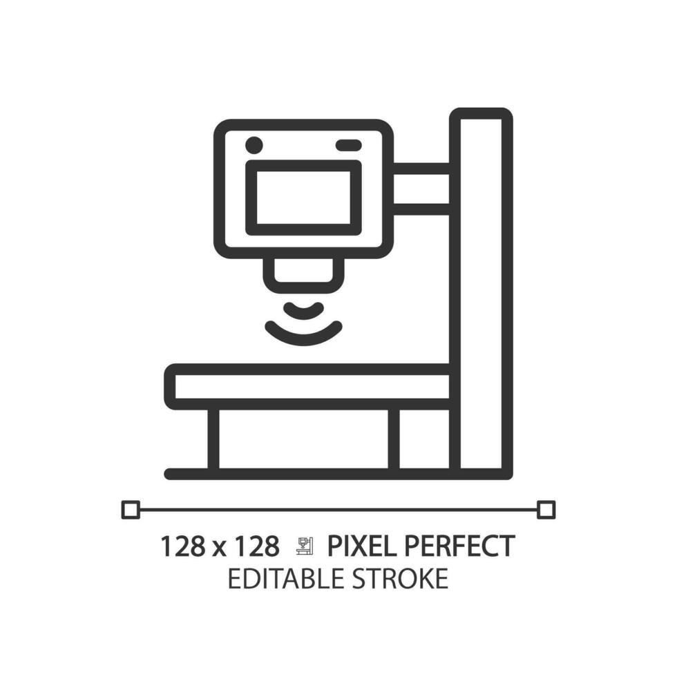 x stråle maskin pixel perfekt linjär ikon. fysisk undersökning. diagnostisk bildbehandling. radiologi skanna. kolla upp upp. tunn linje illustration. kontur symbol. vektor översikt teckning. redigerbar stroke