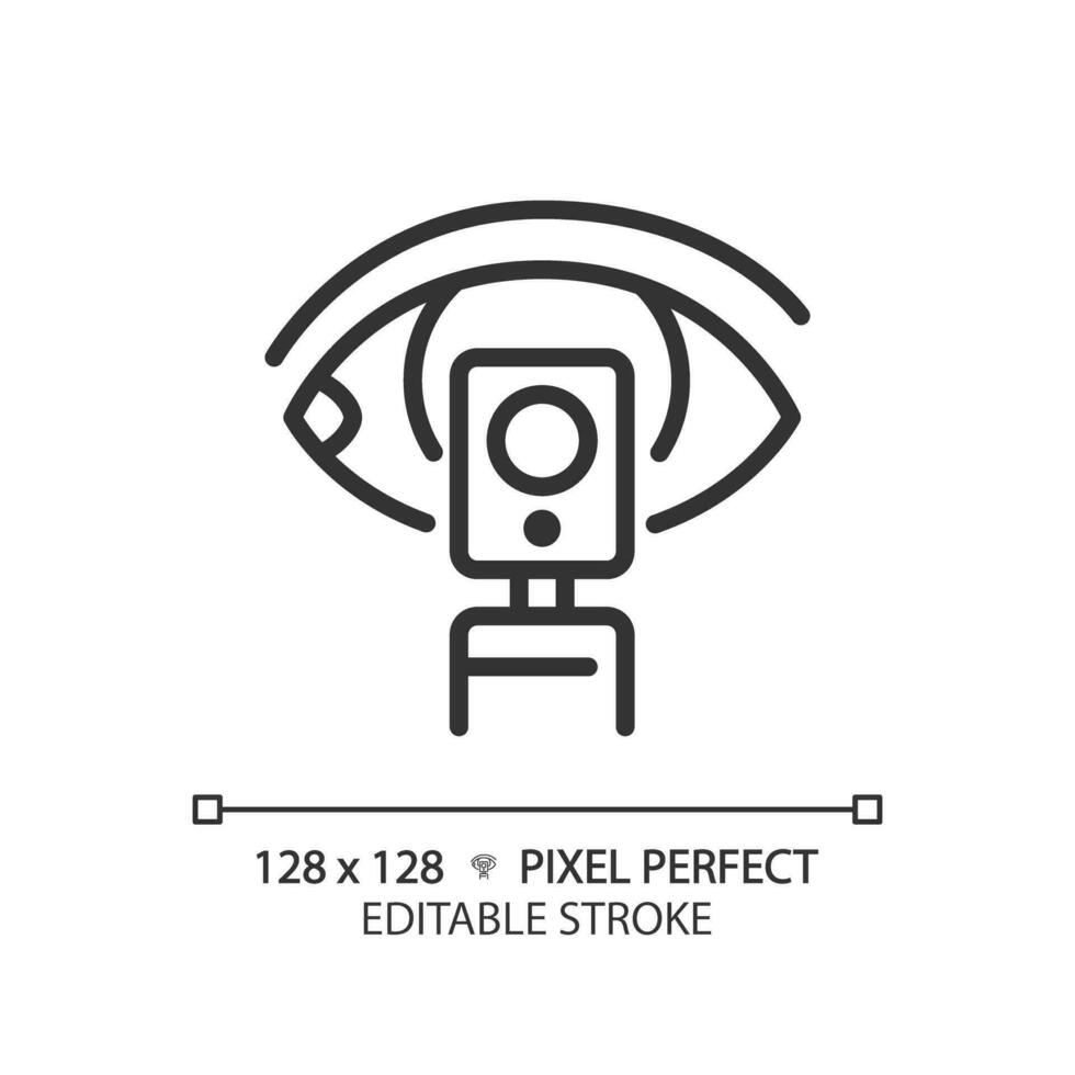 Augenspiegel Pixel perfekt linear Symbol. Auge Untersuchung. Retina Scan. Vision Gesundheit. Prüfung Ausrüstung. dünn Linie Illustration. Kontur Symbol. Vektor Gliederung Zeichnung. editierbar Schlaganfall