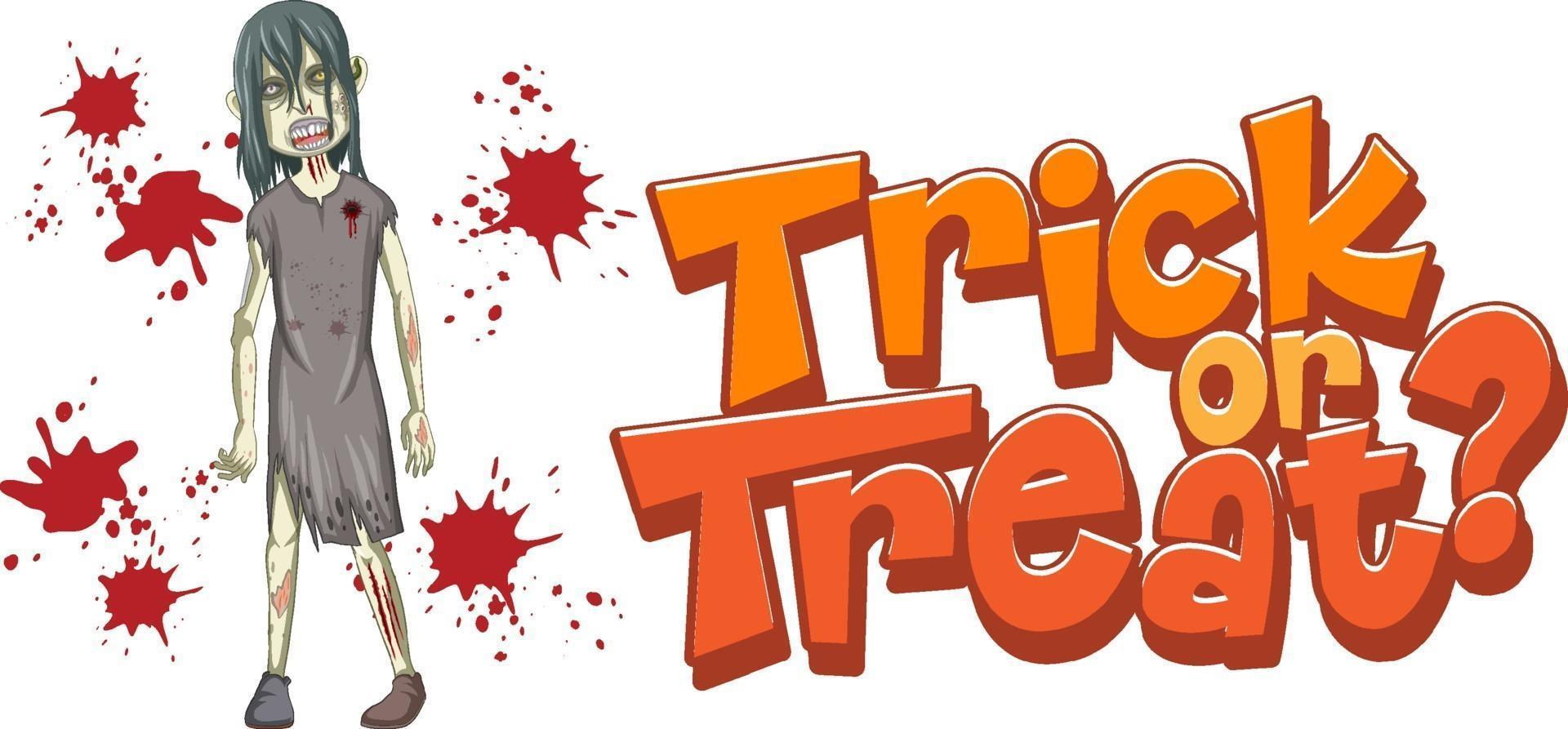 trick or treat text design med läskiga zombie vektor