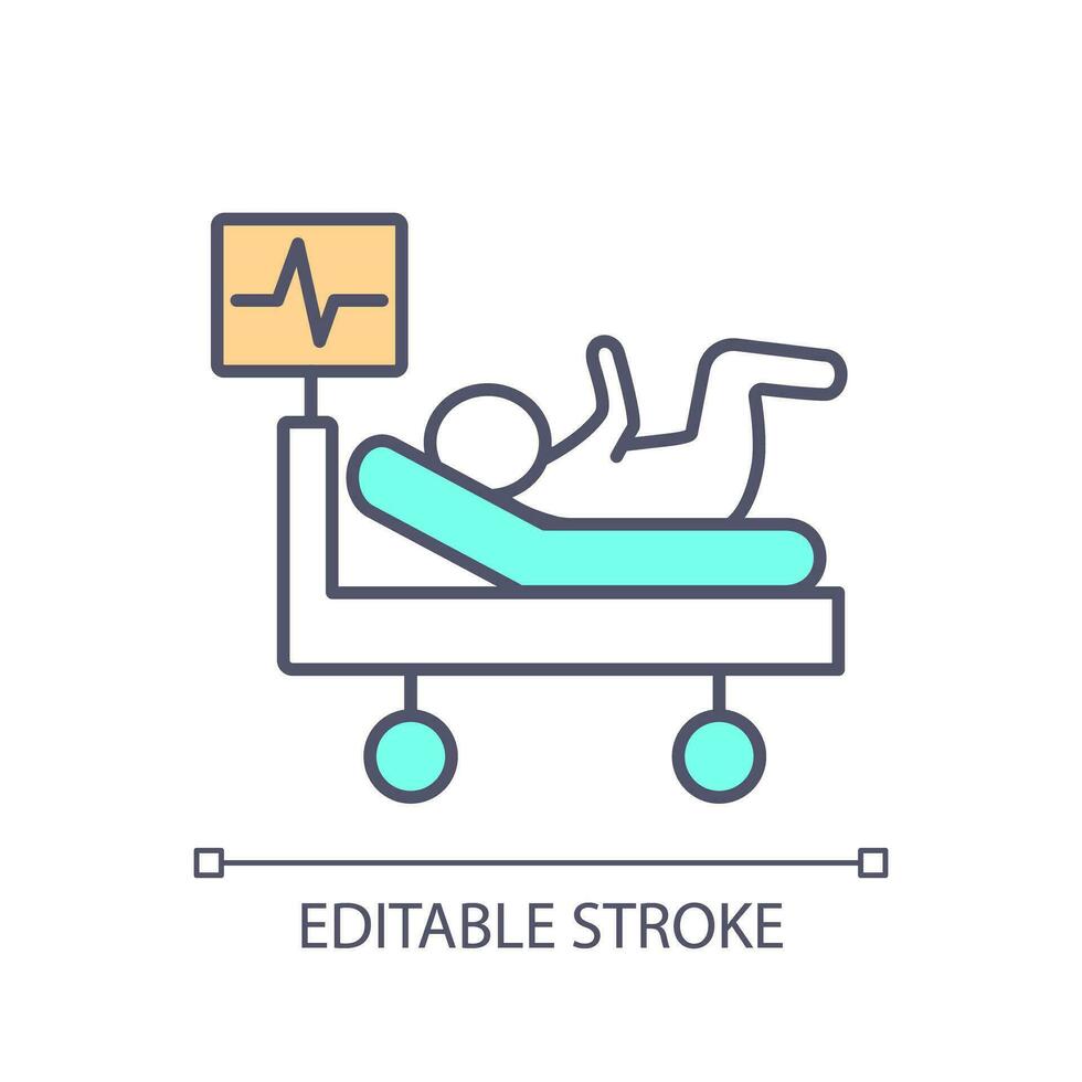 pediatrisk kardiologi rgb Färg ikon. ung patient. sjukhus säng. hjärta övervakning. barnomsorg Centrum. medicinsk behandling. isolerat vektor illustration. enkel fylld linje teckning. redigerbar stroke