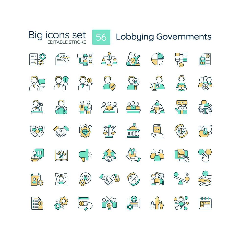 redigerbar stor ikoner uppsättning representerar lobbying regering, isolerat vektor, tunn linje illustration. vektor