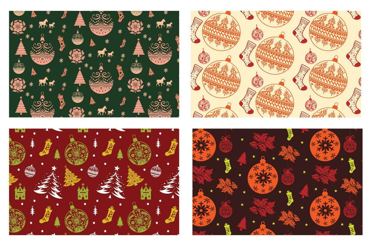 Jahrgang Weihnachten Kugeln und Bäume Muster einstellen im vier Farben vektor