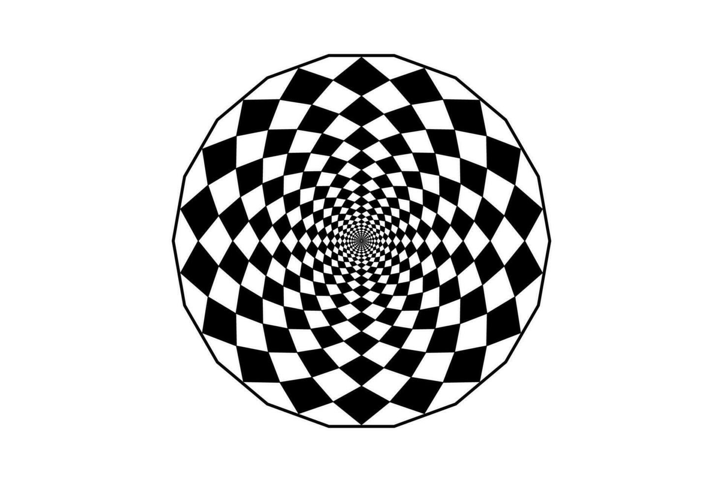 hypnotisch Kunst Mandala Design, optisch Spiral- Illusion. optisch kariert Kreis klassisch kreisförmig op Kunst Design im schwarz und Weiß. Vektor Illustration isoliert auf Weiß Hintergrund