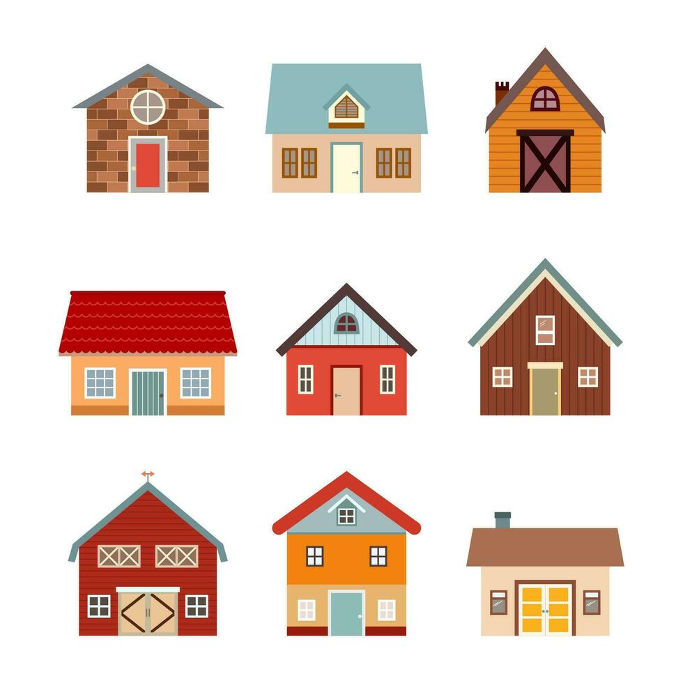 uppsättning av annorlunda typer med Land hus, odla, ladugård och spannmålsmagasin vektor illustration i platt stil