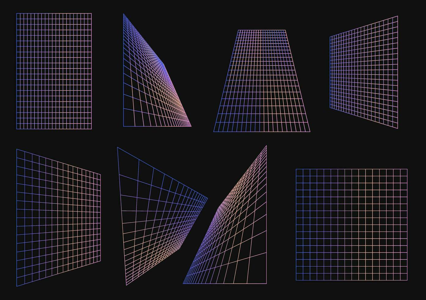 samling geometri trådmodell nät i neon lutning färg.aabstrakt bakgrunder, mönster, cyberpunk element i trendig psychedelic rave stil. y2k retro trogen estetisk. vektor