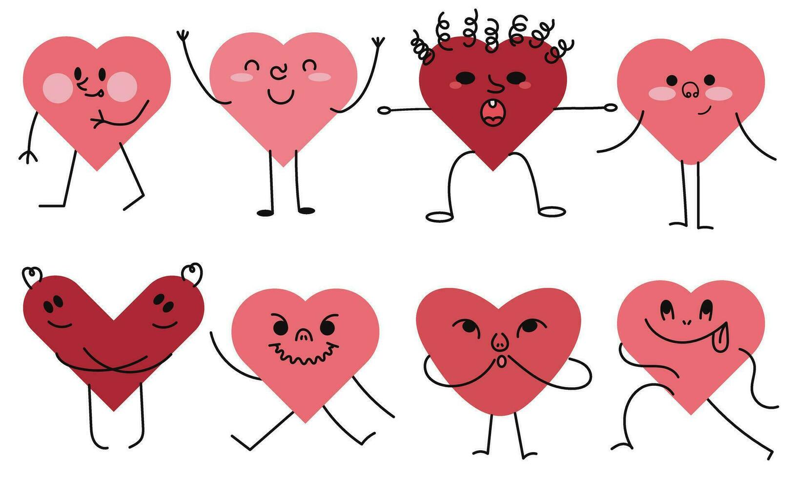 Sammlung von Zeichen im das bilden von geometrisch Formen von Herzen. Karikatur Zeichen im Kinder- Stil, mit süß Gesichter und Emotionen. isoliert Vektor Illustration