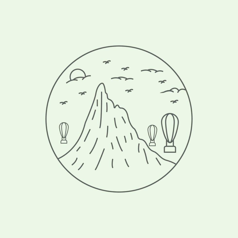 kulle luft ballong natur berg ikon äventyr logotyp linje minimalistisk konst Sol design kreativ vektor