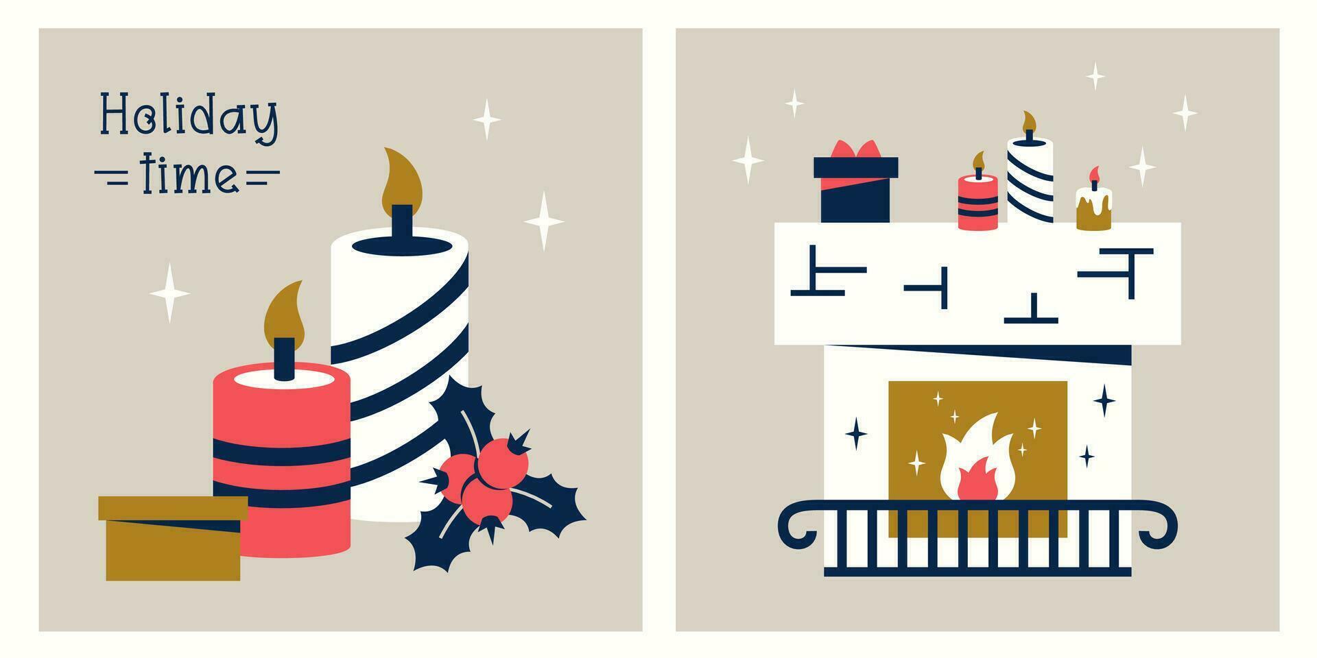 einstellen von Weihnachten Banner. Kerzen mit Fichte Geäst, Beeren, Stechpalme, Geschenk Boxen. Stein Kamin mit Verbrennung Flamme. Urlaub Dekorationen, Gruß Text. Vektor eben Illustration zum Winter Design