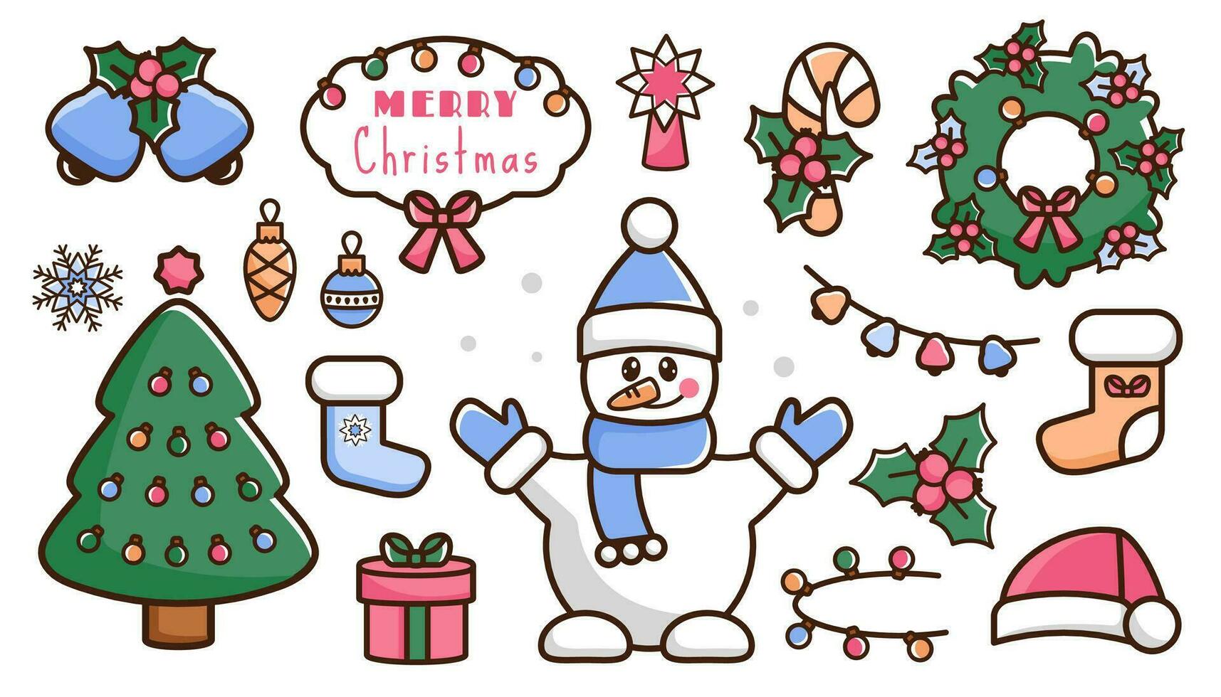 Neu Jahr Symbole. einstellen von Karikatur Farbe Weihnachten Symbol. Gekritzel Urlaub Elemente. süß Schneemann, Licht, Santa Hut, Weihnachten Socken, festlich Baum, Kranz, klimpern Glocken, Stechpalme, die Geschenke, Süßigkeiten Stock. Vektor