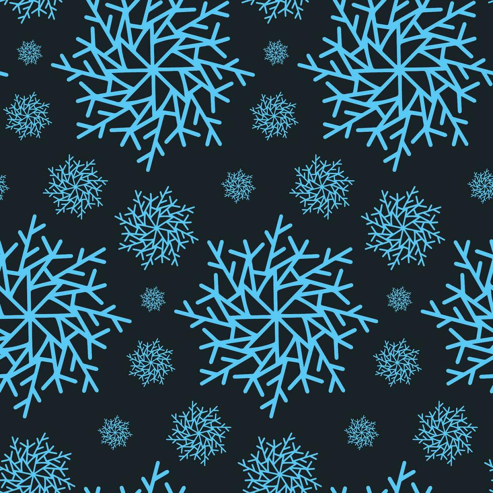 Weihnachten nahtlose Muster mit Schneeflocken auf dunklem Hintergrund. Frohes neues Jahr Wallpaper und Wrapper für saisonales Design, Textil, Dekoration, Grußkarte. handgezeichnete Drucke und Gekritzel. vektor