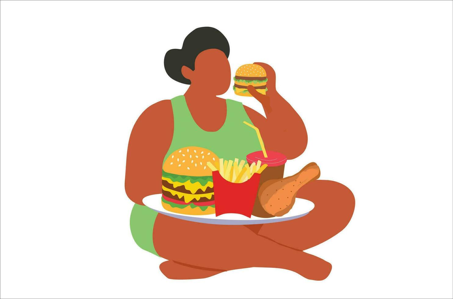 fett kvinna äter snabb mat vektor