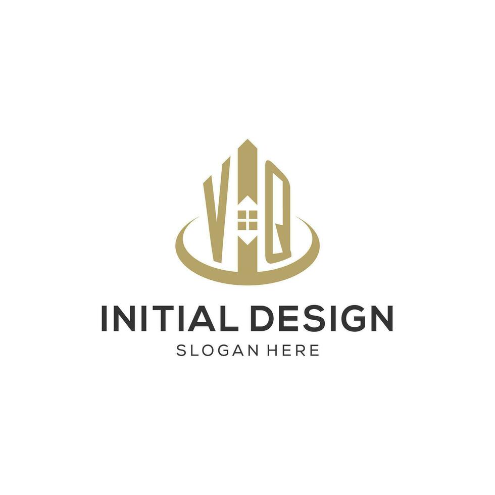 första vq logotyp med kreativ hus ikon, modern och professionell verklig egendom logotyp design vektor