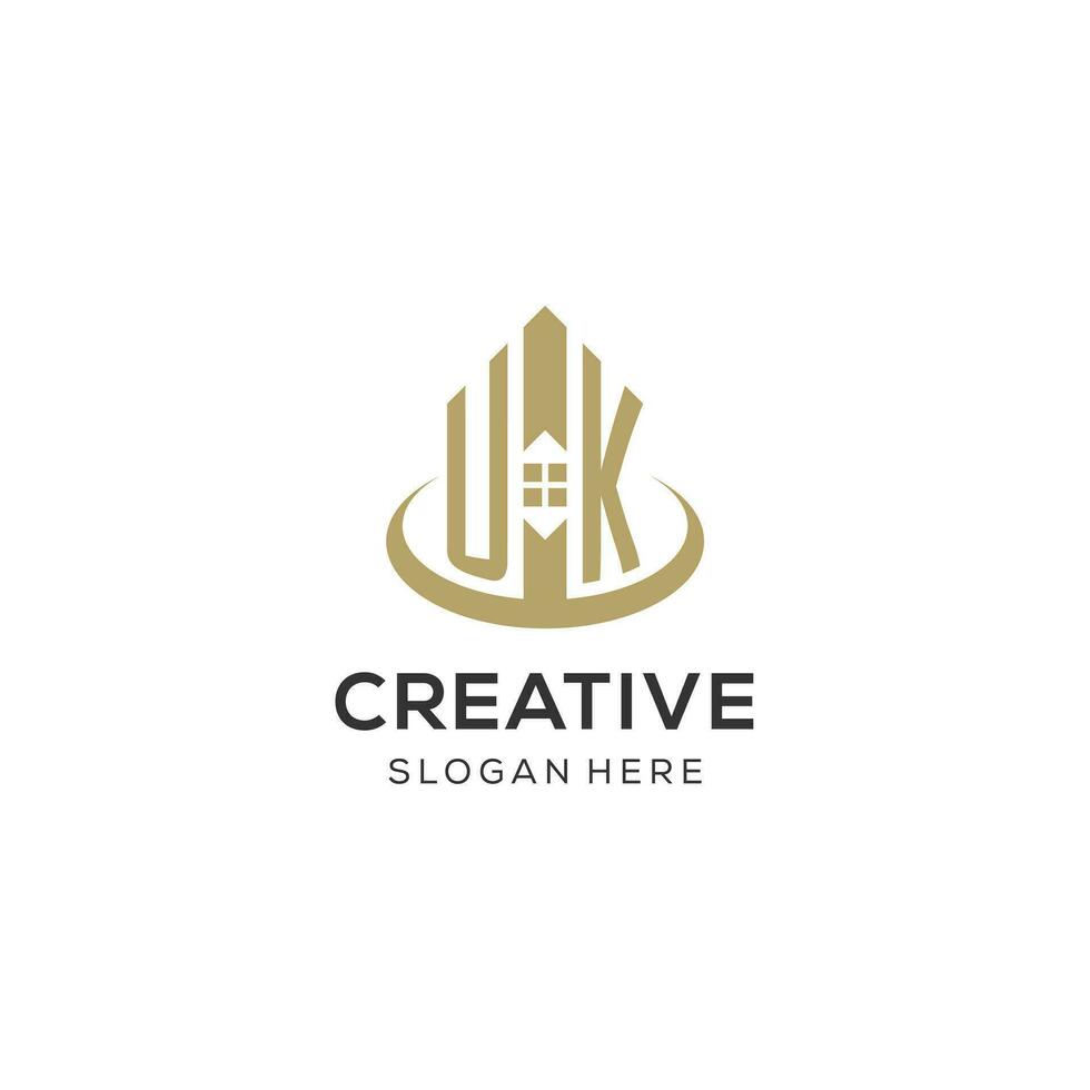 första Storbritannien logotyp med kreativ hus ikon, modern och professionell verklig egendom logotyp design vektor
