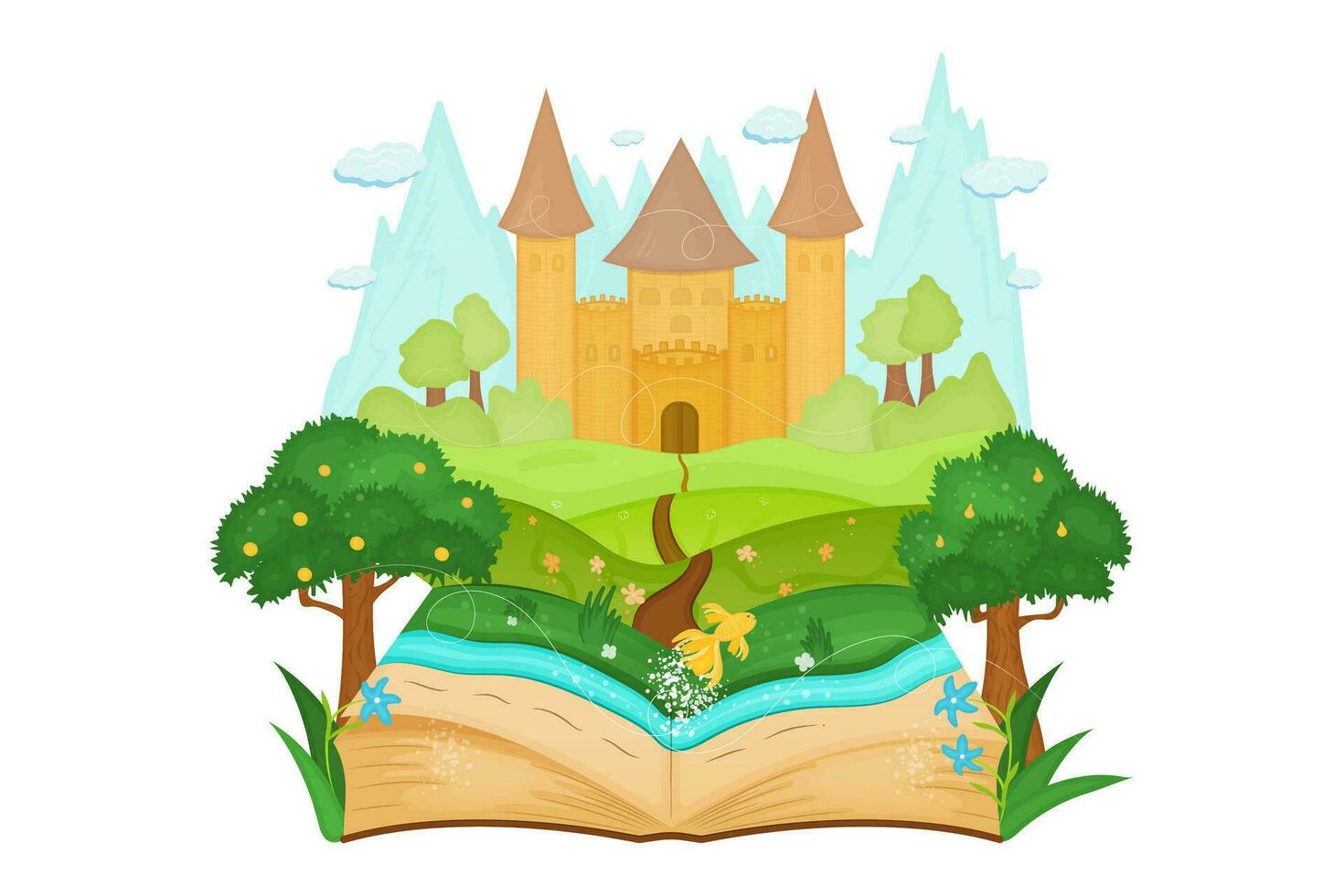 öffnen Buch mit Landschaft Märchen Schloss Felder, Bäume, Fluss, klein Gold Fisch. Vektor Illustration