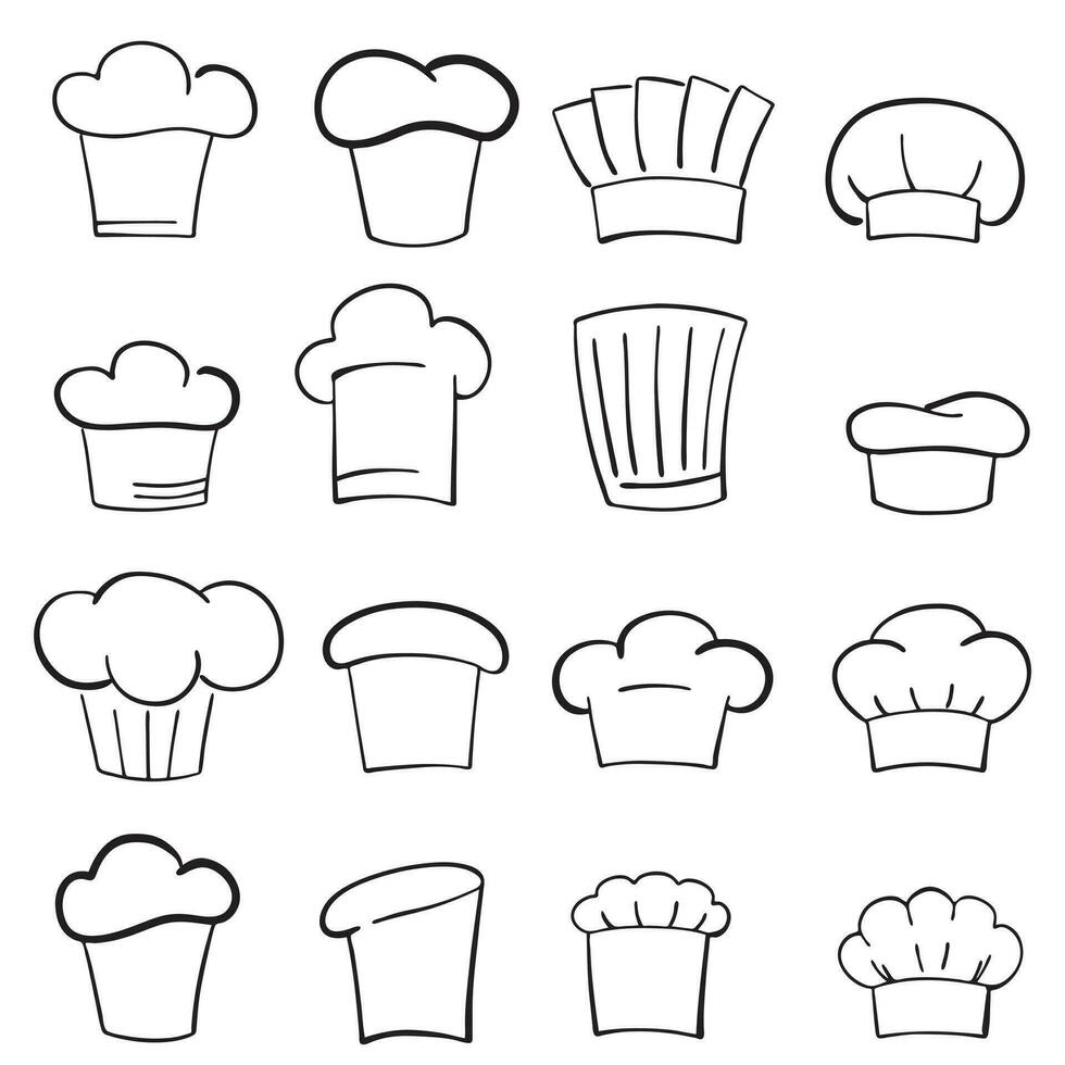 einstellen von Jahrgang Koch und Koch Hüte im Gekritzel Stil. schwarz und Weiß Hand gezeichnet Illustration. Vektor Illustration auf Weiß Hintergrund
