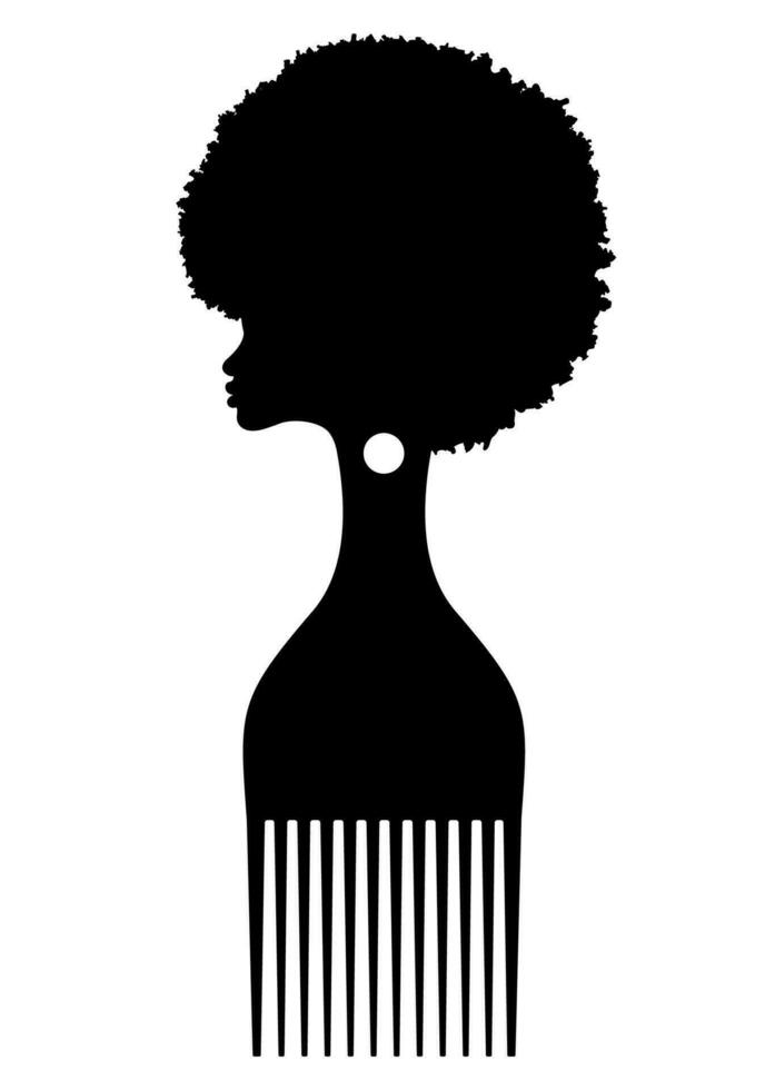afro hårkam symbol, afrikansk hårborste tecken för lockigt hår, enkel platt design av svart afrikansk kvinna silhuett, vektor illustration isolerat på vit bakgrund