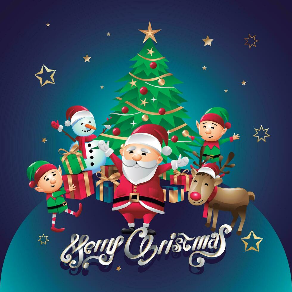 jul kort med santa claus, tomtar, ren och snögubbe på en jul träd vektor