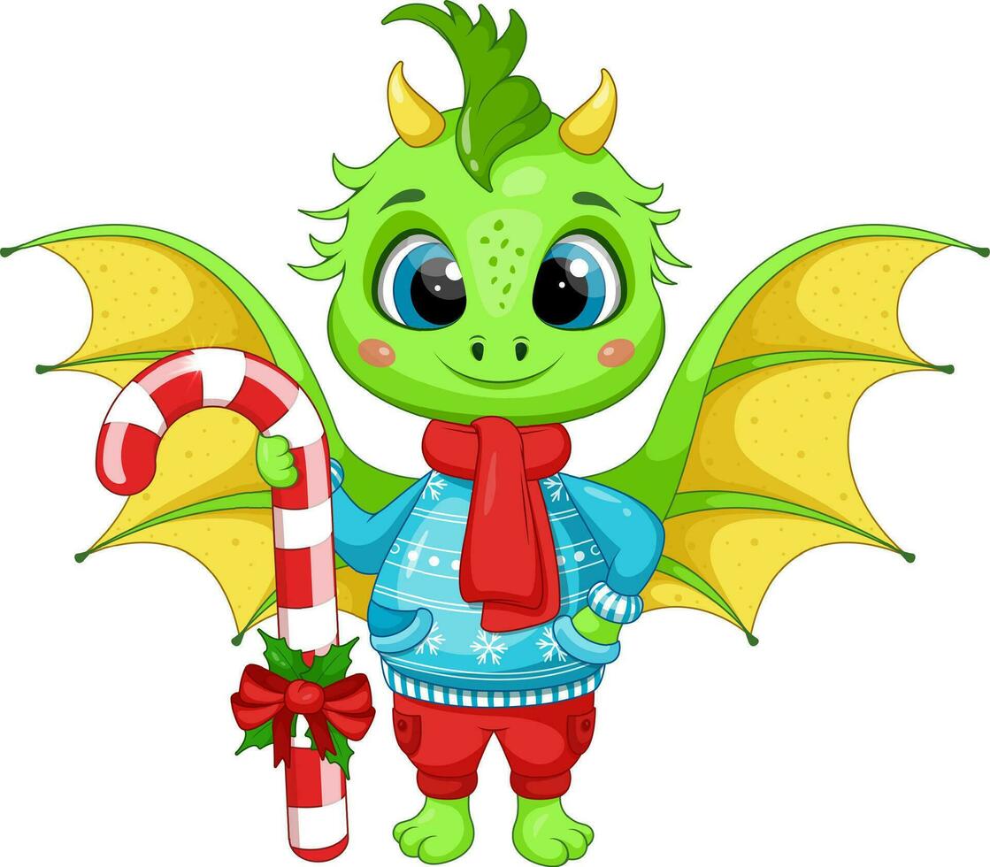 randig jul godis sockerrör och festlig grön tecknad serie drake vektor