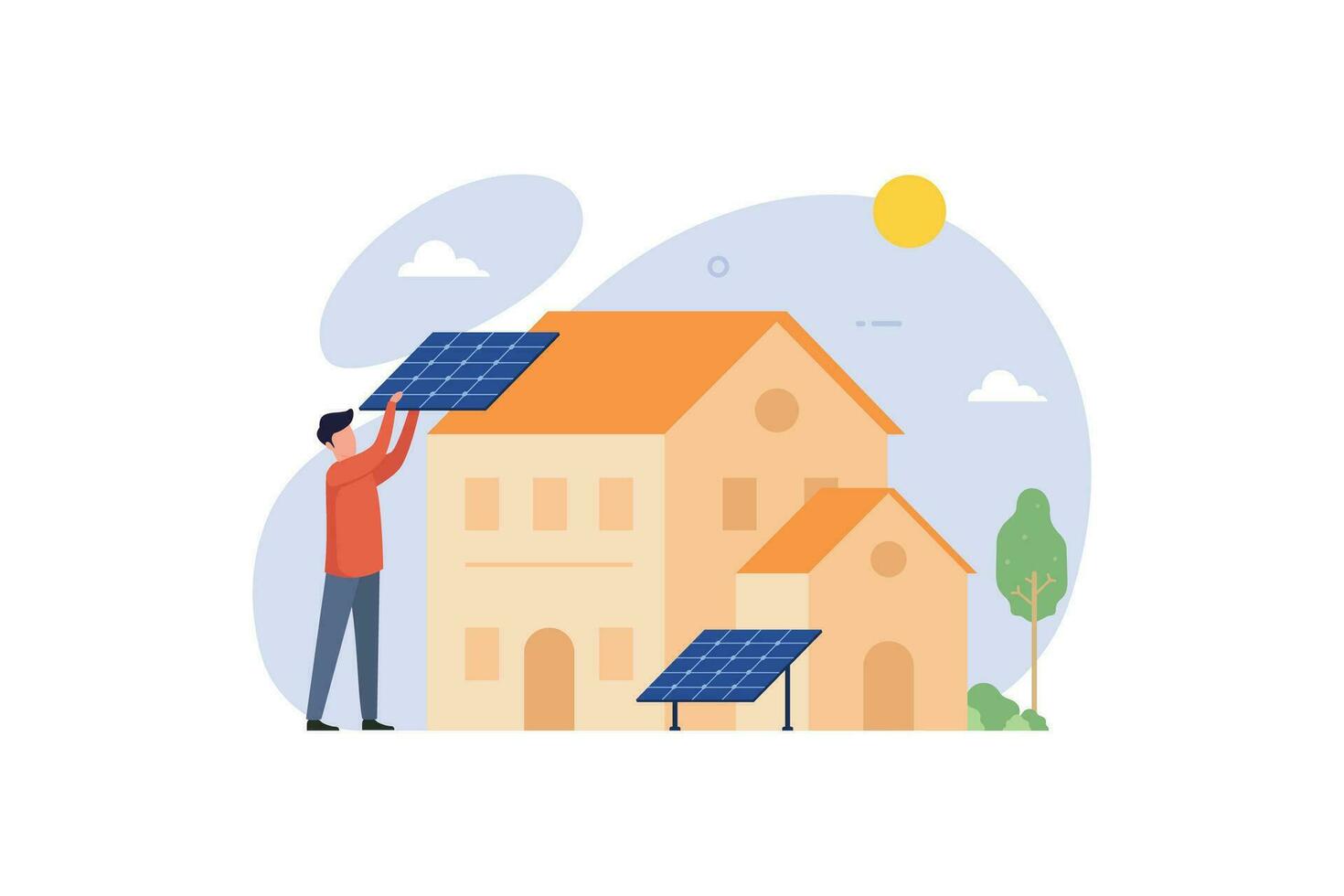 sol- cell kraft växt hus tak topp och väderkvarn installation vektor illustration begrepp
