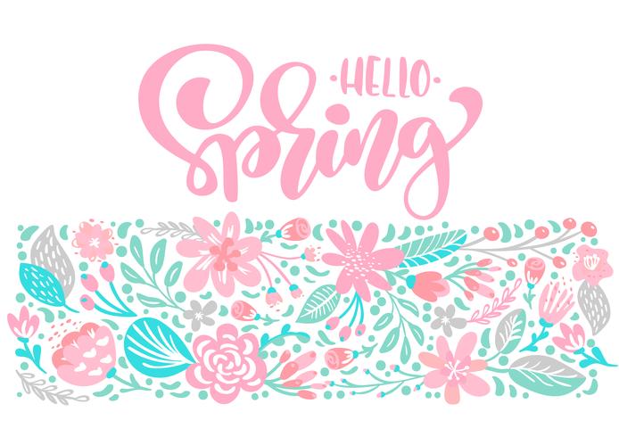 Bukett blommor vektor hälsningskort med text Hello Spring handskriven citat