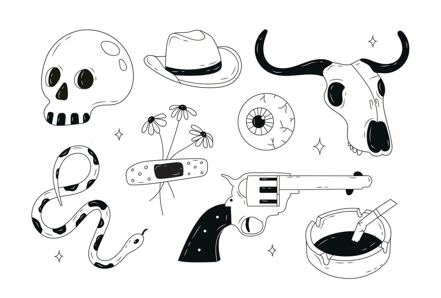 vild väst klotter uppsättning. cowboy tema. söt vektor uppsättning av hand dragen cowboy element. samling av annorlunda klistermärken med skalle, hatt, pistol, orm, askkopp. stock isolerat illustration.