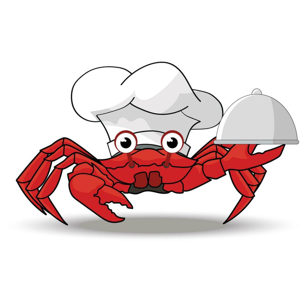 Krabbe Karikatur. klar Hut. halten ein braten Pfanne. Krabbe Koch. Koch, Restaurant Logo, Meeresfrüchte. Orange Krabbe. vektor