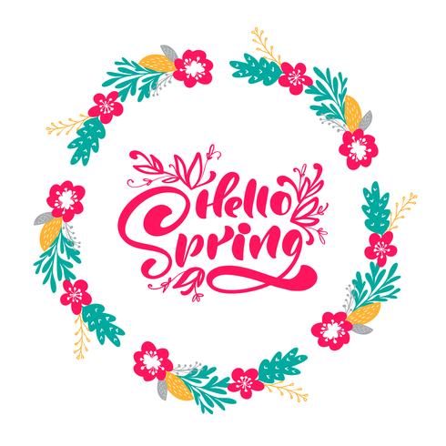 Floral Vector krans bakgrund med kalligrafisk bokstäver text Hello Spring